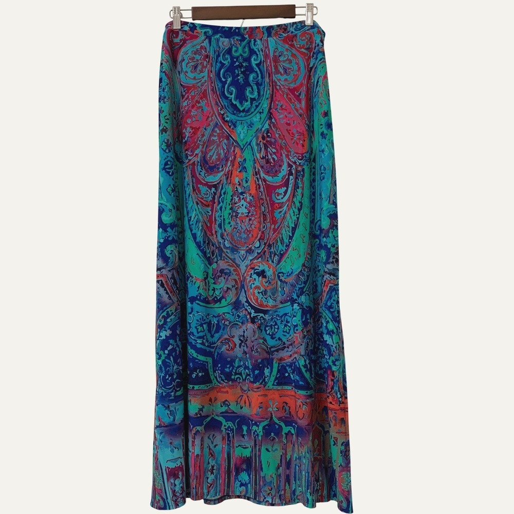 Chico's Maxi Skirt Women's 2 L/12 Blue Green Paisley Bohemian Pull On Side Slit